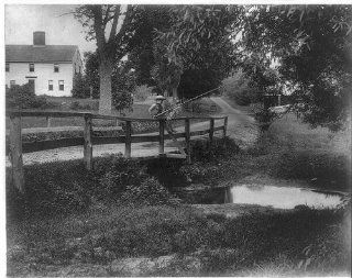 Rural scenes, children fishing, Whittier's barefoot boy fishing off wooden bridge   Prints