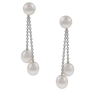 DaVonna Silver Double Chain and FW Pearl Hangy Earrings (6.5 7 mm) DaVonna Pearl Earrings