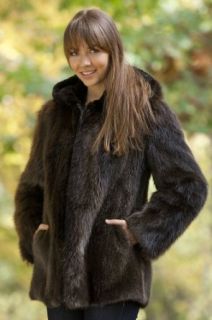 Women's Michaela Hooded Longhaired Beaver Fur Coat, COCO, Size XSMALL (2 4)