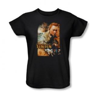 Tintin   Womens Adventure Poster T Shirt In Black Clothing