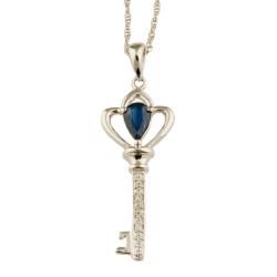 14k White Gold Blue Sapphire Diamond Key Pendant (G H, I1 I2) Gemstone Necklaces