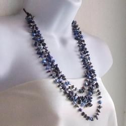Cotton Rope Pearl and Lapis Stone Layered Necklace (7 9 mm) (Thailand) Necklaces
