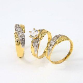 14k Two Tone Gold His And Hers Engagement Wedding Trio CZ Rings Set   Style 1 Jewelry