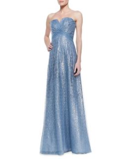 Womens Strapless Metallic Overlay Gown, Icy Blue   Rene Ruiz