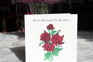 wife birthday stitched red roses card by white mink