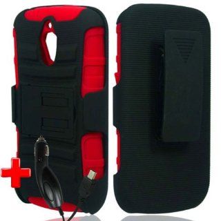 Huawei Vitria H882L (MetroPCS) 2 Piece Silicon Soft Skin Hard Plastic Kickstand Case Cover w. Belt Clip Holster, Black/Red + CAR CHARGER Cell Phones & Accessories