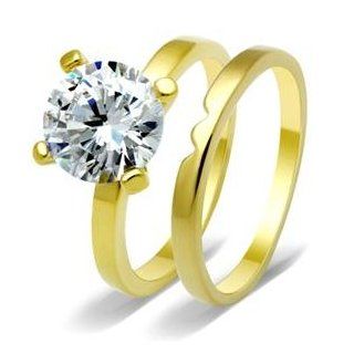 CZ WEDDING RING SET   Gold Tone 4 Prong Round CZ Wedding Set Jewelry