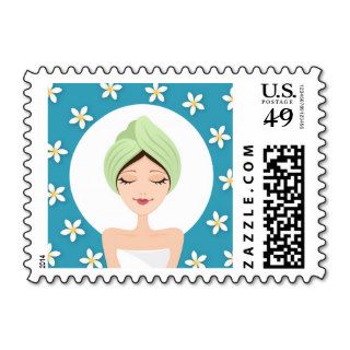 Beauty salon or spa woman with wrapped towel teal postage stamp