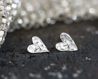 handmade silver sewn heart stud earrings by jemima lumley jewellery