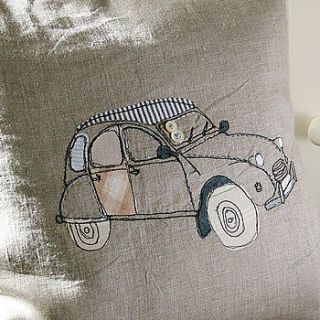 french two cv car embroidered cushion by lynsey hunter illustration