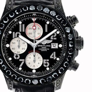 35 ct Black diamond Breitling Super Avenger Watch Black Dial Numbers Black Leather Band Watches