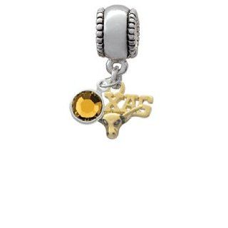 Small Gold ''Texas'' Longhorn Charm Bead with Topaz Crystal Dangle Delight Jewelry