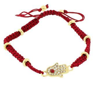 Yellow Gold Tone Red Cord White Crystals CZ Hamsa Evil Eye Womens Girls Adjustable Bracelet My Daily Styles Jewelry