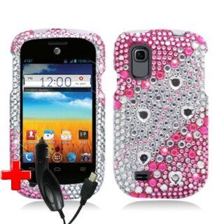 ZTE Prelude Z993 / Avail 2 Z992 (StraightTalk/AT&T) 2 Piece Snap On Rhinestone/Diamond/Bling Case Cover, Pink/Silver Heart Stripe Swirls Design + CAR CHARGER Cell Phones & Accessories