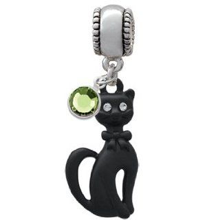 Tall Sitting Matte Black Cat Charm Bead with Peridot Crystal Dangle Delight Jewelry