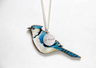 blue jay bird wooden necklace by ladybird likes
