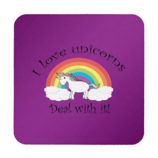 I love unicorns deal with it purple background beverage coasters