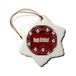 orn_15257_1 Beverly Turner Birthday Design   Birthday, Soccer Balls, Red, Black and White   Ornaments   3 inch Snowflake Porcelain Ornament   Decorative Hanging Ornaments