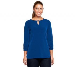 Susan Graver Liquid Knit Ruched 3/4 Sleeve Top with Keyhole Detail —