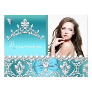Quinceanera 15th Blue Damask Butterfly Add Photo Custom Invitations