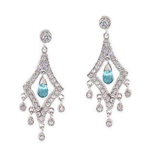 CZ Collections Diamond Aquamarine Briolette Silver Chandelier Earrings