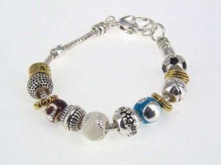 Soccer, Basketball, Billards, Baseball, Football and Golf Theme Designer Style European Bead Charm Bracelet in Silver Foil Gift Box Jewelry