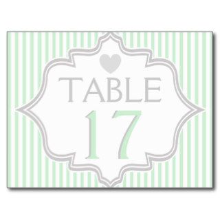 Mint, white, grey stripes wedding table number postcard