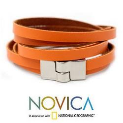 Handcrafted 'Orange Duality' Leather Wrap Bracelet (Brazil) Novica Bracelets