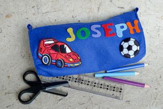 boys racing car & football pencil case by mollie mae handcrafted designs