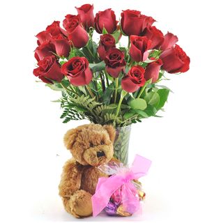 (Valentine's Day Pre order) Two Dozen Red Roses with Godiva Truffles, Plush Teddy Bear and Vase Sweets in Bloom Pre Order Flowers
