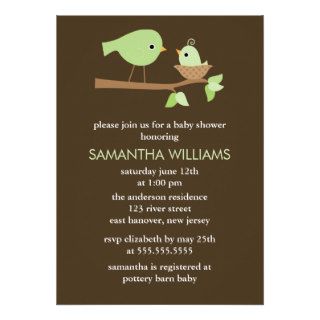 Green Mom and Baby Birds in a Nest Baby Shower Custom Invites