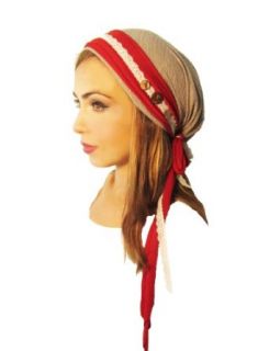 ShariRose Pre Tied Head Scarf Tichel Taupe Stripe Red Wrap White Lace Coconut Buttons