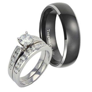 His & Hers 1.9CT Round CZ Sterling Silver & Matte Black IP Classic Dome Tungsten Ring Set Sz 5, 10 Jewelry
