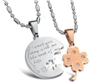 Two Tone Stainless Steel / Rose Gold Tone Couple "I WANT YOU STAY WITH ME THE REST OF MY LIFE" Clover Pendant Necklace Set His and Hers w/ Crystal Rhinestone Stone Jewelry