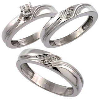 10k White Gold 3 Pc. Trio His (5mm) & Hers (4mm) Diamond Wedding Ring Band Set, w/ 0.062 Carat Brilliant Cut Diamonds (Ladies' Sizes 5 10; Men's Sizes 8 to 14) Jewelry