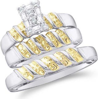 14k White and Yellow 2 Two Tone Gold Mens and Ladies Couple His & Hers Trio 3 Three Ring Bridal Matching Engagement Wedding Ring Band Set   Round and Baguette Diamonds   Emerald Shape Center Setting (1/10 cttw)   SEE "PRODUCT DESCRIPTION" TO 