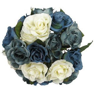 7" Round Elegant Royal Rose Wedding Bridal Bouquet   Blue/Cream 91   Artificial Shrubs
