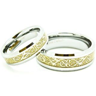 His & Hers Matching Set 6mm & 8mm Tungsten Wedding Rings with Gold Plated Celtic Dragon Inlay (Us Sizes Available Whole & Half 6mm 4 15; 8mm 4 16) Jewelry