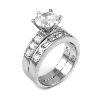 Ladies 925 Sterling Silver Rhodium Finish Round Cut CZ Bridal Wedding Engagement Ring Set Size 6 Jewelry