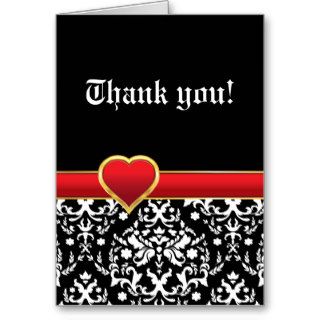 Black white damask & red heart wedding Thank You Greeting Card