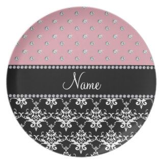 Personalized name black damask light pink diamonds party plate