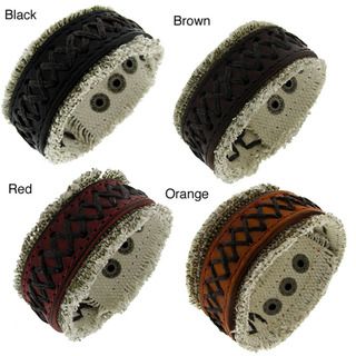 Leather and Woven Cloth Stitched Accent Cuff Bracelet Moise Fashion Bracelets