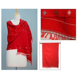 Wool 'Indore Red' Shawl (India) Novica Scarves & Wraps