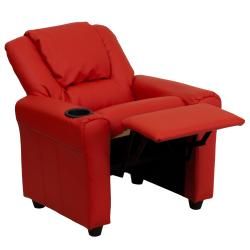 Contemporary Red Vinyl Kids Recliner with Cup Holder and Headrest Flash Furniture Kids' Chairs