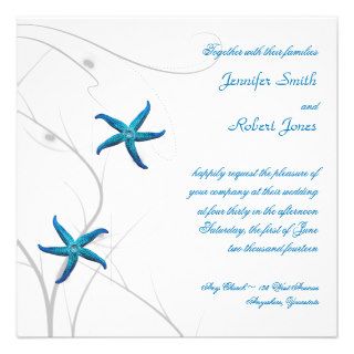 Blue Starfish with Silver Coral Wedding Invitation