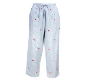 Quacker Factory Linen Cotton Embroidered Lobster Gingham Crop Pants —