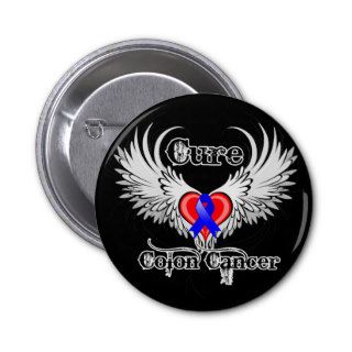 Cure Colon Cancer Heart Tattoo Wings Pinback Buttons