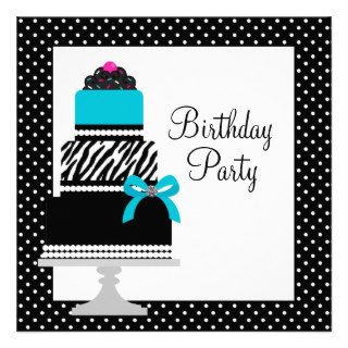 Teal Blue Zebra Cake Cupcake Birthday Party Invite