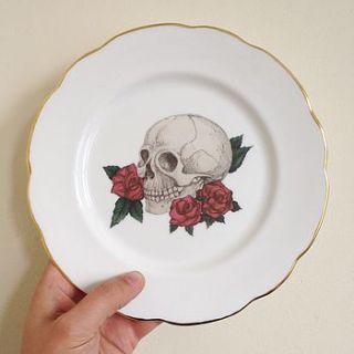 skull and rose illustrated plate art by cherry pie lane