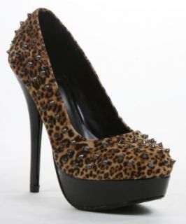 Spiked Leopard Studded Faux Suede Closed Toe Platform Pump Heels Shoes